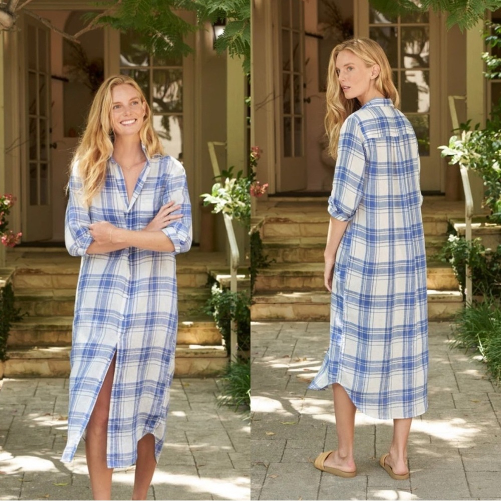 Frank & Eileen Rory Plaid Linen Maxi Shirtdress in Blue Size L
